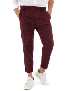Pantaloni Uomo Tasca America Lino Classico Sartoriale Con Abbottonatura Allungata Con Pinces Scozzese Tartan Bordeaux GIOSAL-P3826A