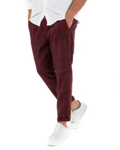 Pantaloni Uomo Tasca America Lino Classico Sartoriale Con Abbottonatura Allungata Con Pinces Scozzese Tartan Bordeaux GIOSAL-P3826A
