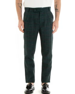 Pantaloni Uomo Tasca America Lino Classico Sartoriale Con Abbottonatura Allungata Con Pinces Scozzese Tartan Verde GIOSAL-P3827A