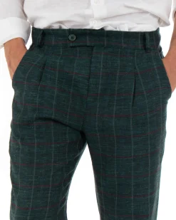 Pantaloni Uomo Tasca America Lino Classico Sartoriale Con Abbottonatura Allungata Con Pinces Scozzese Tartan Verde GIOSAL-P3827A