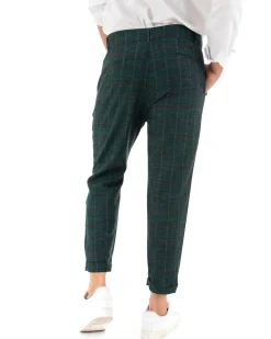 Pantaloni Uomo Tasca America Lino Classico Sartoriale Con Abbottonatura Allungata Con Pinces Scozzese Tartan Verde GIOSAL-P3827A