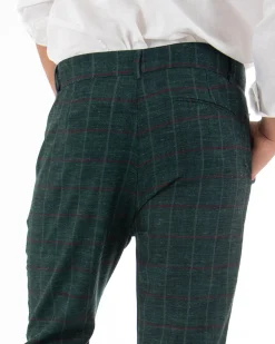 Pantaloni Uomo Tasca America Lino Classico Sartoriale Con Abbottonatura Allungata Con Pinces Scozzese Tartan Verde GIOSAL-P3827A