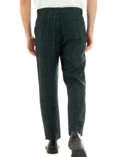Pantaloni Uomo Tasca America Lino Classico Sartoriale Con Abbottonatura Allungata Con Pinces Scozzese Tartan Verde GIOSAL-P3827A