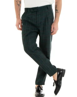 Pantaloni Uomo Tasca America Lino Classico Sartoriale Con Abbottonatura Allungata Con Pinces Scozzese Tartan Verde GIOSAL-P3827A