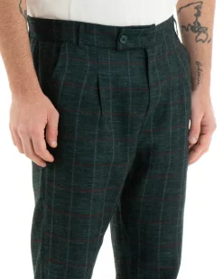 Pantaloni Uomo Tasca America Lino Classico Sartoriale Con Abbottonatura Allungata Con Pinces Scozzese Tartan Verde GIOSAL-P3827A