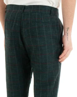 Pantaloni Uomo Tasca America Lino Classico Sartoriale Con Abbottonatura Allungata Con Pinces Scozzese Tartan Verde GIOSAL-P3827A