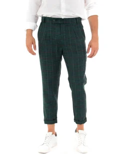 Pantaloni Uomo Tasca America Lino Classico Sartoriale Con Abbottonatura Allungata Con Pinces Scozzese Tartan Verde GIOSAL-P3827A