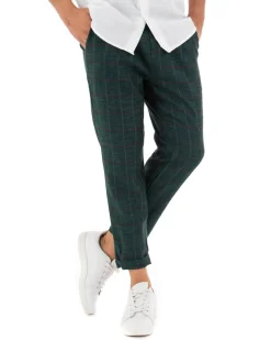 Pantaloni Uomo Tasca America Lino Classico Sartoriale Con Abbottonatura Allungata Con Pinces Scozzese Tartan Verde GIOSAL-P3827A