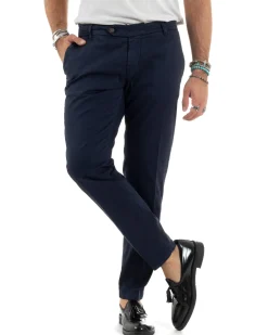 Pantaloni Uomo Tasche America Abbottonatura Allungata Cotone Invernale Capri Slim Blu P6176A