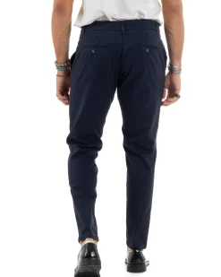 Pantaloni Uomo Tasche America Abbottonatura Allungata Cotone Invernale Capri Slim Blu P6176A