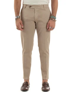 Pantaloni Uomo Tasche America Abbottonatura Allungata Cotone Invernale Capri Slim Beige P6174A