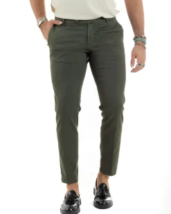Pantaloni Uomo Tasche America Abbottonatura Allungata Cotone Invernale Capri Slim Verde P6177A
