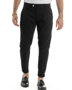 Pantaloni Uomo Velluto A Coste Abbottonatura Allungata Tasche America Nero P6409A
