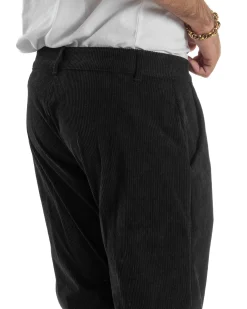 Pantaloni Uomo Velluto A Coste Abbottonatura Allungata Tasche America Nero P6409A
