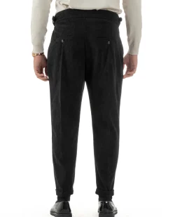 Pantaloni Uomo Velluto Costine Vita Alta Gurkha Pants Abbottonatura Allungata Fibbie Nero BlackSunday P6428A