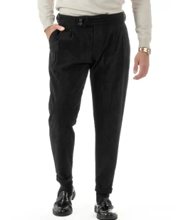 Pantaloni Uomo Velluto Costine Vita Alta Gurkha Pants Abbottonatura Allungata Fibbie Nero BlackSunday P6428A