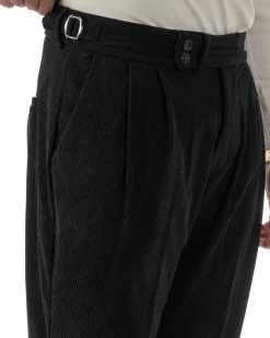 Pantaloni Uomo Velluto Costine Vita Alta Gurkha Pants Abbottonatura Allungata Fibbie Nero BlackSunday P6428A