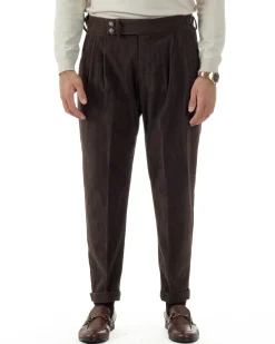 Pantaloni Uomo Velluto Costine Vita Alta Gurkha Pants Abbottonatura Allungata Fibbie Marrone BlackSunday P6426A