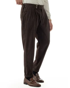 Pantaloni Uomo Velluto Costine Vita Alta Gurkha Pants Abbottonatura Allungata Fibbie Marrone BlackSunday P6426A