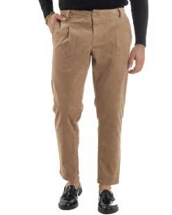 Pantaloni Uomo Velluto Tasche America Pinces Chino Beige P6415A