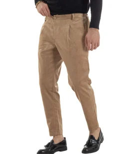 Pantaloni Uomo Velluto Tasche America Pinces Chino Beige P6415A