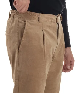 Pantaloni Uomo Velluto Tasche America Pinces Chino Beige P6415A