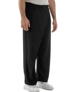 Pantaloni uomo viscosa baggy abbottonatura asimmetrica nero GIOSAL-P6465A