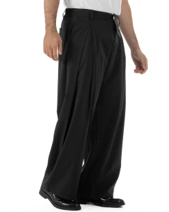 Pantaloni uomo viscosa baggy wide fit pinces estivo nero GIOSAL-P6459A