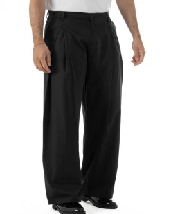 Pantaloni uomo viscosa baggy wide fit pinces estivo nero GIOSAL-P6459A