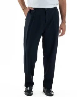 Pantaloni Uomo Viscosa Baggy Con Pinces Relaxed Fit Blu P6352A