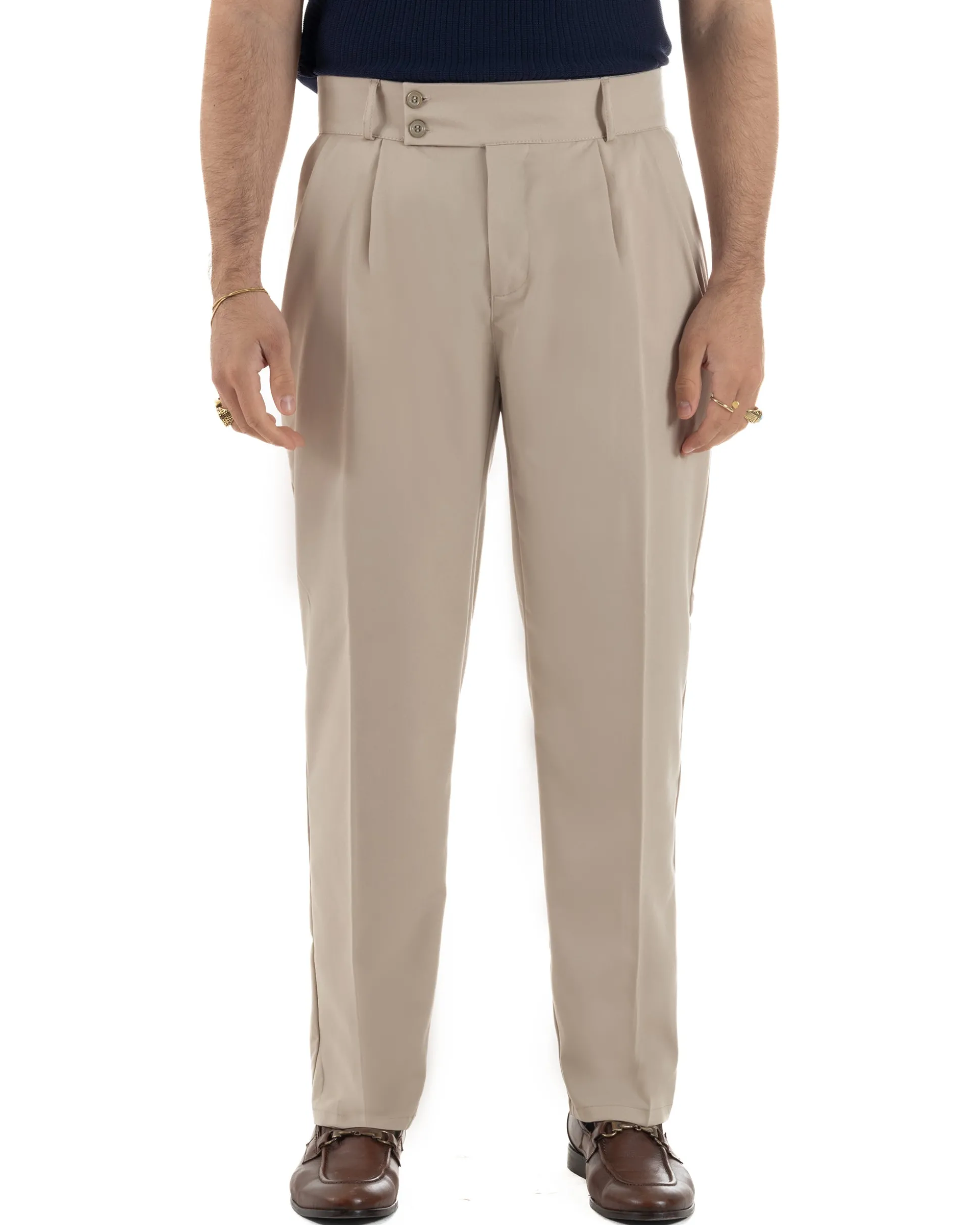 Pantaloni uomo viscosa baggy fondo ampio vita alta pinces beige GIOSAL-P6483A