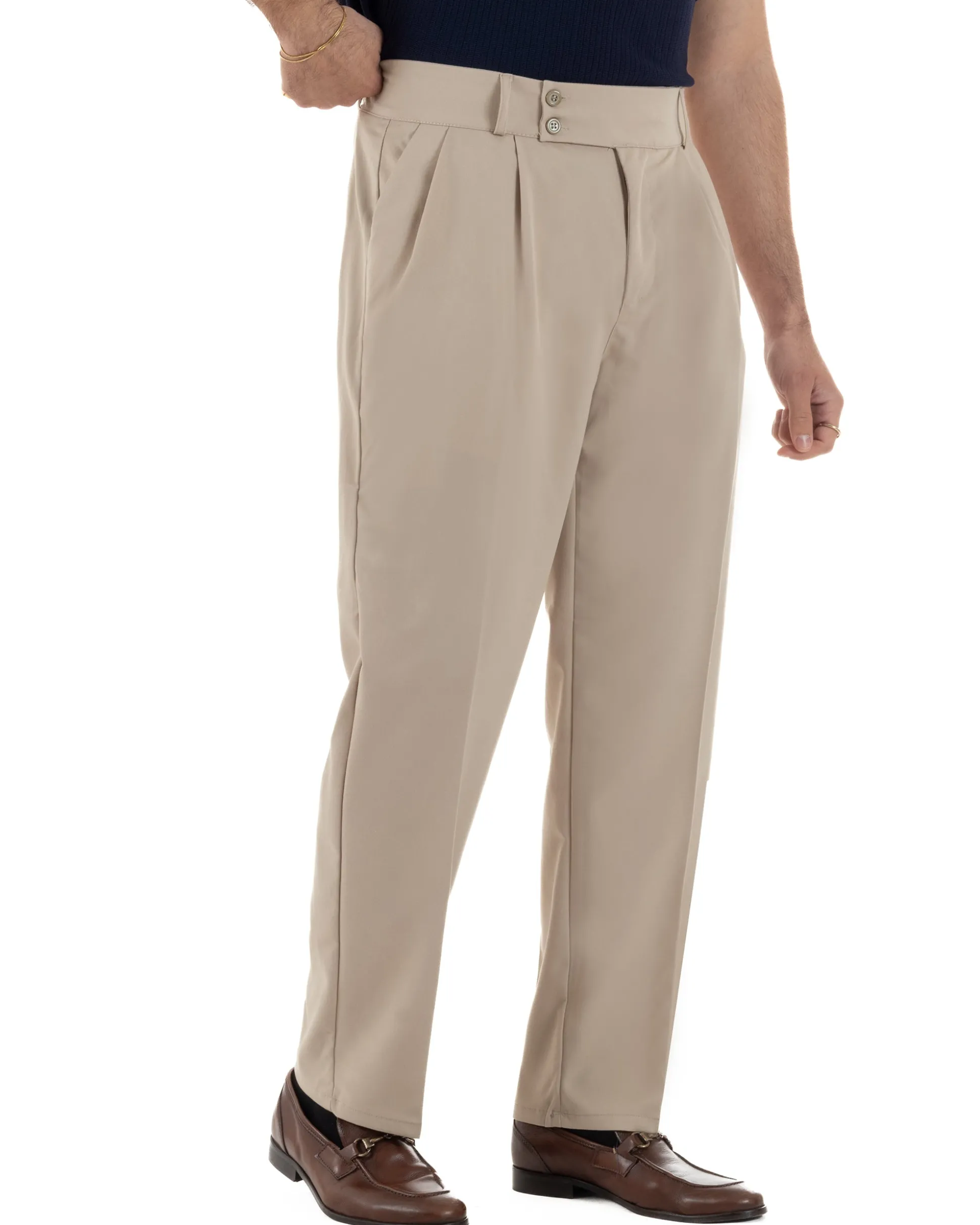 Pantaloni uomo viscosa baggy fondo ampio vita alta pinces beige GIOSAL-P6483A