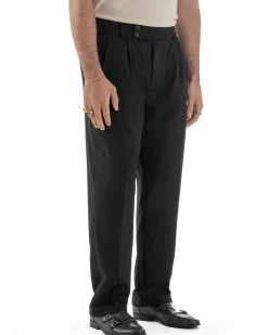 Pantaloni uomo viscosa baggy fondo ampio vita alta pinces nero GIOSAL-P6480A