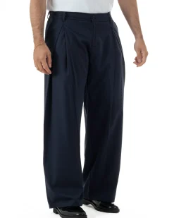 Pantaloni uomo viscosa baggy wide fit pinces estivo blu GIOSAL-P6458A