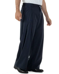 Pantaloni uomo viscosa baggy wide fit pinces estivo blu GIOSAL-P6458A