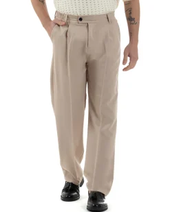 Pantaloni uomo viscosa baggy fondo ampio elastico sul retro abbottonatura allungata beige GIOSAL-P6258A