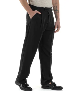 Pantaloni uomo viscosa baggy fondo ampio elastico sul retro abbottonatura allungata nero GIOSAL-P6257A