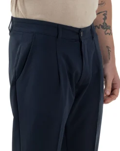 Pantaloni Uomo Viscosa Capri Classico Tasche America Pinces Blu P6225A