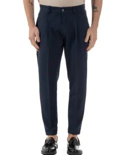 Pantaloni Uomo Viscosa Capri Classico Tasche America Pinces Blu P6225A