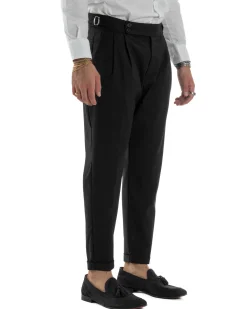 Pantaloni Uomo Viscosa Fibbia Abbottonatura Allungata Gurkha Pants Nero BlackSunday P6379A