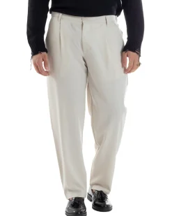 Pantaloni Uomo Viscosa Fondo Largo Baggy Con Pinces Comodo Elastico Sul Retro Relaxed Fit Casual Elegante Panna GIOSAL-P6239A