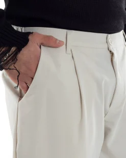 Pantaloni Uomo Viscosa Fondo Largo Baggy Con Pinces Comodo Elastico Sul Retro Relaxed Fit Casual Elegante Panna GIOSAL-P6239A