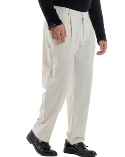 Pantaloni Uomo Viscosa Fondo Largo Baggy Con Pinces Comodo Elastico Sul Retro Relaxed Fit Casual Elegante Panna GIOSAL-P6239A