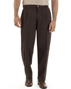 Pantaloni uomo viscosa leggero fondo largo baggy con pinces marrone GIOSAL-P6469A