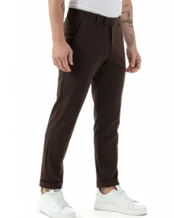 Pantaloni uomo viscosa leggera abbottonatura allungata tasche america classico marrone GIOSAL-P6468A