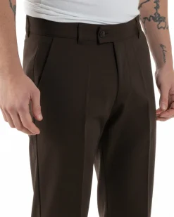 Pantaloni uomo viscosa leggera abbottonatura allungata tasche america classico marrone GIOSAL-P6468A