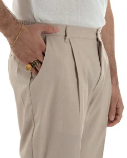 Pantaloni uomo viscosa leggero fondo largo baggy con pinces beige GIOSAL-P6472A