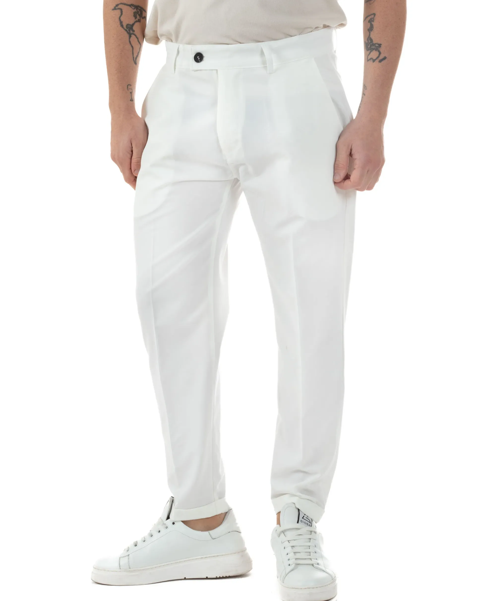 Pantaloni uomo viscosa leggera abbottonatura allungata tasche america classico bianco GIOSAL-P6254A