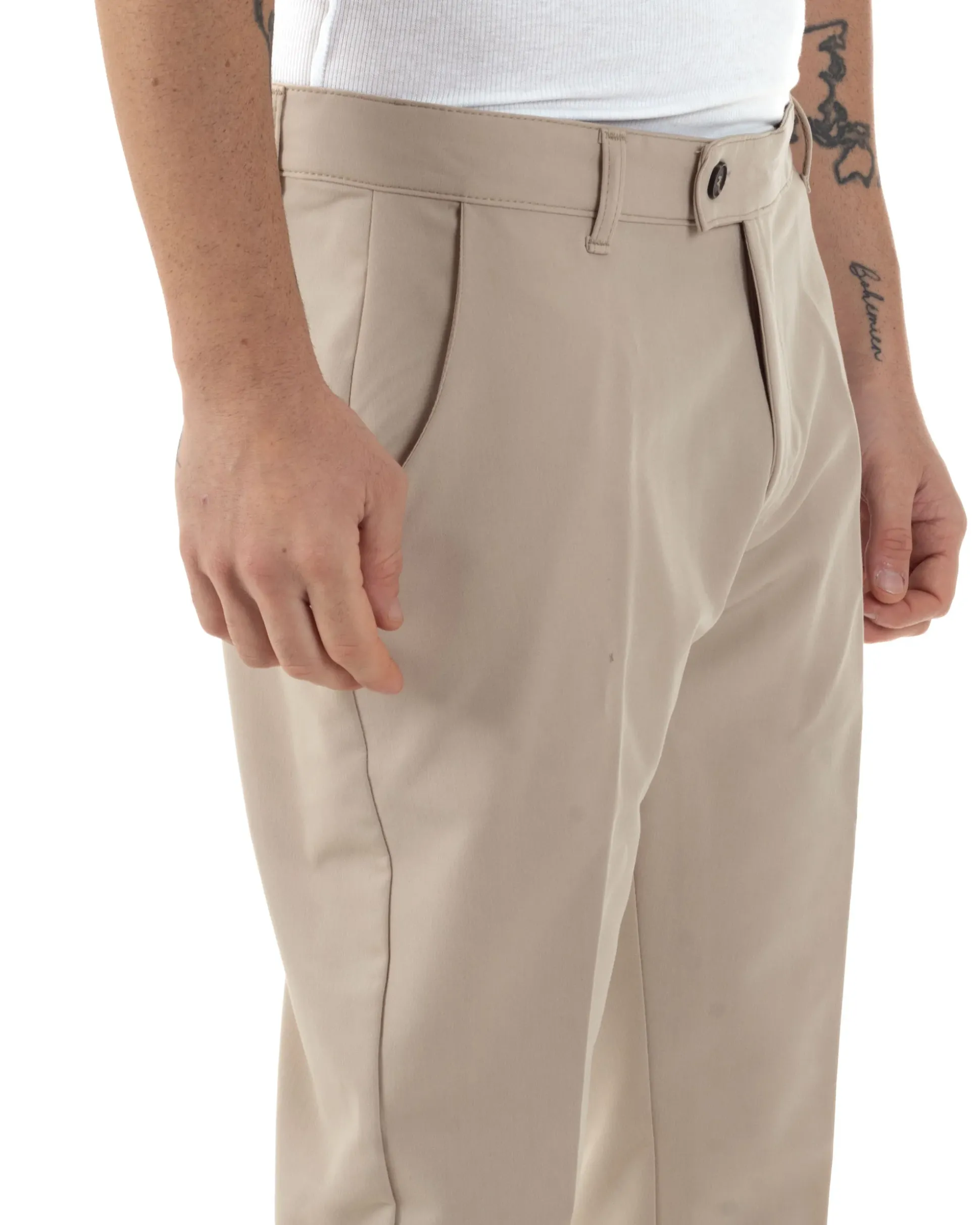 Pantaloni uomo viscosa leggera abbottonatura allungata tasche america classico beige GIOSAL-P6251A