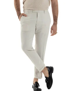 Pantaloni Uomo Viscosa Morbida Tasche America Abbottonatura Allungata Elastico Sul Retro Comodo Casual Tinta Unita Panna GIOSAL-P6217A